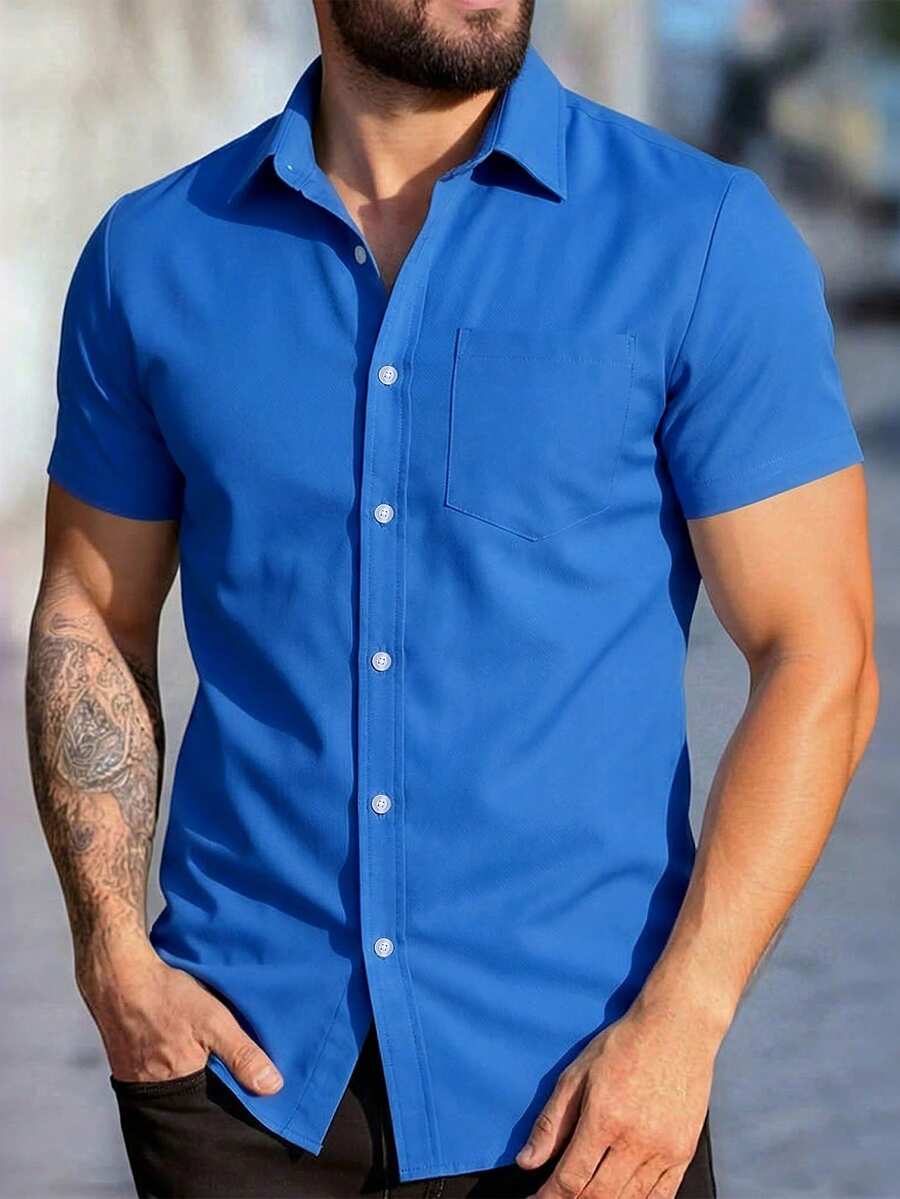 Manfinity Homme 男士纯色简约休闲短袖衬衫 - 水鴨藍 - 查看 1