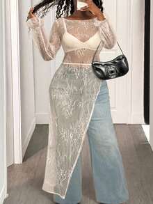 BamGleam Lace Sheer Asymmetric Hem Side Slit Blouse For Women - Apricot - View 5