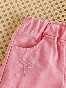 SHEIN Vintaside Kids Baby Girls' Jeans With Embroidered Bow Decor, Cute Countryside Style Versatile All-Match Denim Pants - Pink - View 6