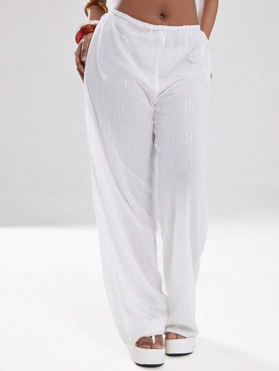 Coolane Women's Summer Vacation Outfits Beach Outfits Chic Party Hippie Knit Sequin Straight Beige Pants