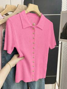 SHEIN Franclia 新款夏季休闲宽松百搭简约优雅柔软Polo衫，适合办公室、工作、通勤等场合，金属纽扣设计，修身剪裁，款式简洁大方，男女皆宜，极简女式开衫 - 玫紅色 - 查看 8