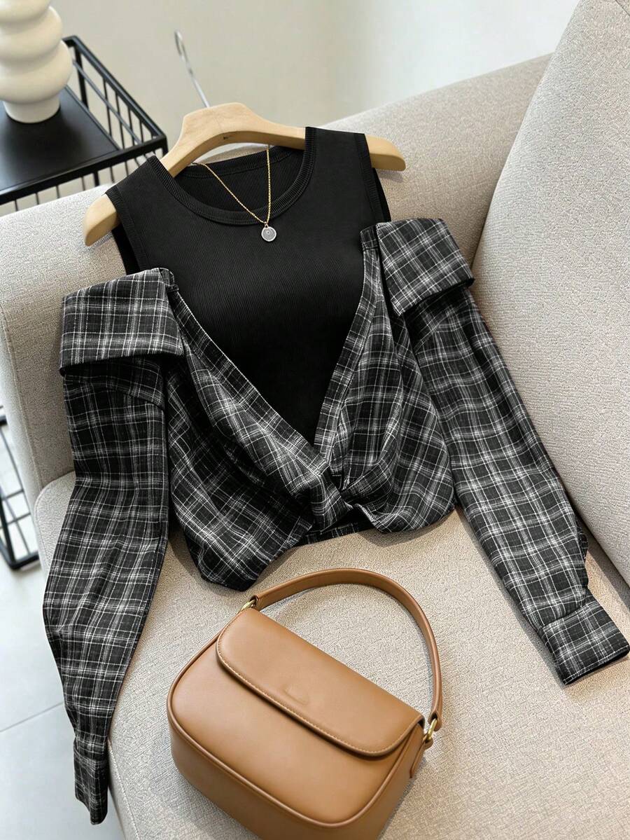 SHEIN Franclia 女士优雅复古百搭长袖衬衫 - 黑色 - 查看 1