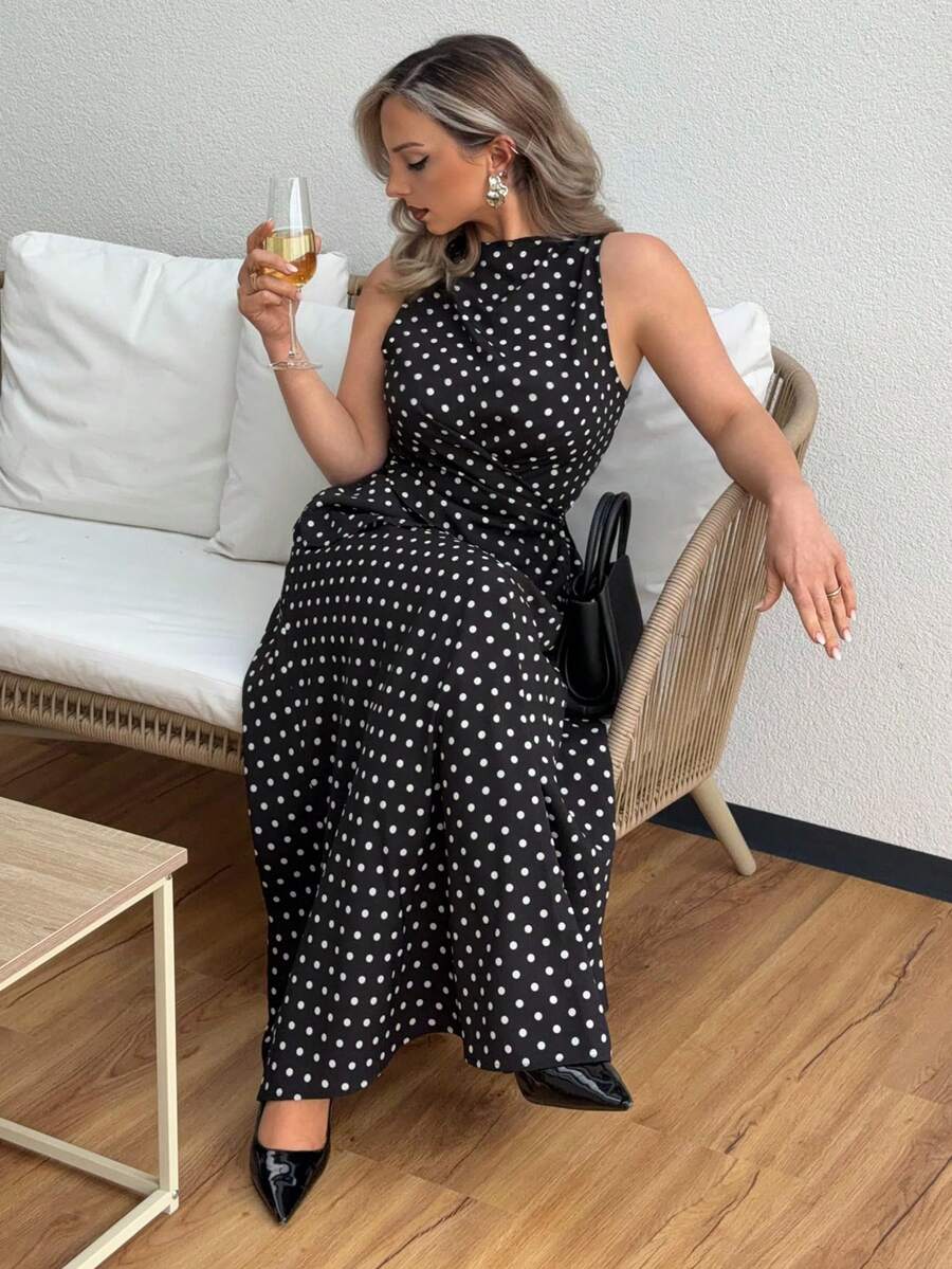 Jeta Ari 女士波点印花不对称下摆无袖上衣和半裙优雅两件套春季波点两件套黑色约会之夜 - 黑與白 - 查看 1