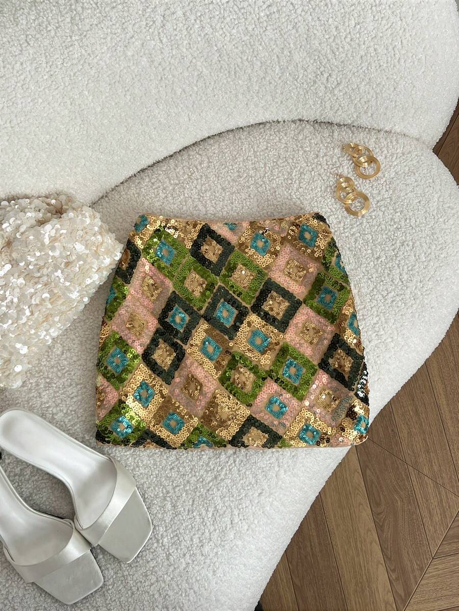 Resyla 女士亮片菱形图案休闲百搭约会之夜迷你裙 - 彩色 - 查看 1