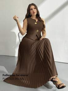 Firerie Plus Size Summer Elegant Commuter Solid Color Vest & Pleated Skirt 2 Pieces Set - Brown - View 1