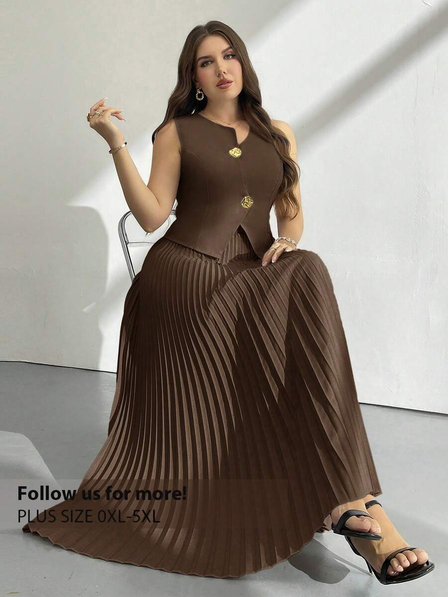 Firerie Plus Size Summer Elegant Commuter Solid Color Vest & Pleated Skirt 2 Pieces Set - Brown - View 1