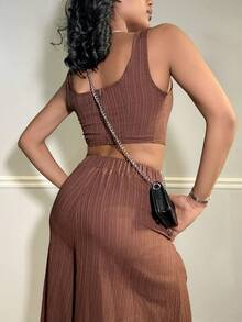Natali Santanap New Spring/Summer Vacation Casual Fishbone Suspender Pants & Wide Leg Trousers With Pockets 2 Pieces Textured Fabric Set - B Tan Two Piece Set Linen Two Piece Set - Coffee Brown - View 2