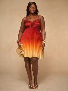 SHEIN BAE Plus Size Women's Ombre Ruched Cami Dress,Elegant Red Summer Satin Party Gradient Pleated V Neck Mini Sundress With Spaghetti Straps For Vacation - Multicolor - View 5