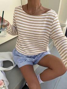 Muchica Women's Spring/Summer New Striped Loose Off-Shoulder Long Sleeve Cropped T-Shirt - Khaki - View 6