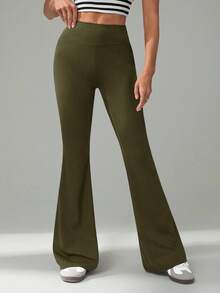 SHEIN Tall 女士纯色休闲高腰喇叭裤 - 軍綠色 - 查看 4