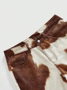 Pantalones cortos vaqueros casuales de hombre con bolsillo en diagonal y estampado de vaca, para verano - Caqui - Ver 3