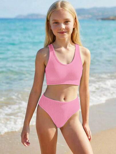 SHEIN Tween Girls Bikini Sets, European And American Fashion Modest Elegant Casual Knit Wavy Fabric Swimsuit 2 Pieces Set, Suitable For Vacation, Swimming, Summer, Beach Pink Bikini Set High Waisted Bikini Set Modest Bikini Set Modest Two Piece Swimsuit Pink Two Piece Swimsuit Shirred Bikini Set Textured Bikini Summer Swimwear Tween Swim Suit Two Piece Bathing Suit For Girls Swimwear For Teenagers Girls Spring Summer Picks Bathing Suits For Teens Full Coverage