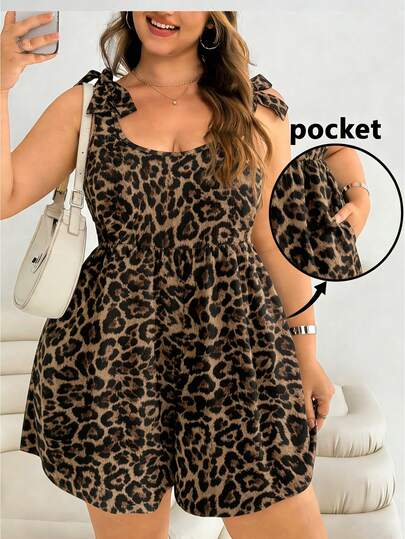 Solflare Mono de estampado de leopardo con lazo y estilo casual de vacaciones para mujer talla grande, adecuado para el verano