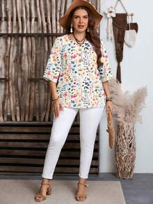 EMERY ROSE Plus Size Women Floral Print Casual Minimalist Shirt, Suitable For Summer Daily Wear - Multicolor - View 3