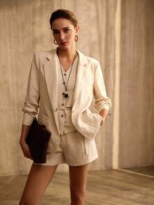 MOTF PREMIUM WOMEN'S VACATION COTTON LINEN WOODEN BUTTON PLACKET BELTED VEST JACKET - Apricot - View 1