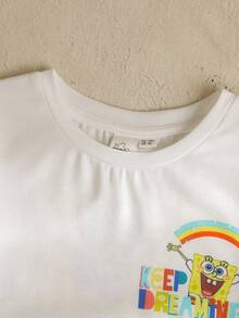 SpongeBob SquarePants | SHEIN 少女卡通印花圆领短袖休闲T恤 - 白色 - 查看 3