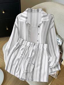 GlowEve CURVE Conjunto de camisa protectora solar estilo bohemio, conjunto de 2 piezas de verano para mujer que incluye shorts, blusa de estilo francés de nueva llegada, blusas y blusas para mujer, blusa casual moderna para trabajar - Blanco y Negro - Ver 4
