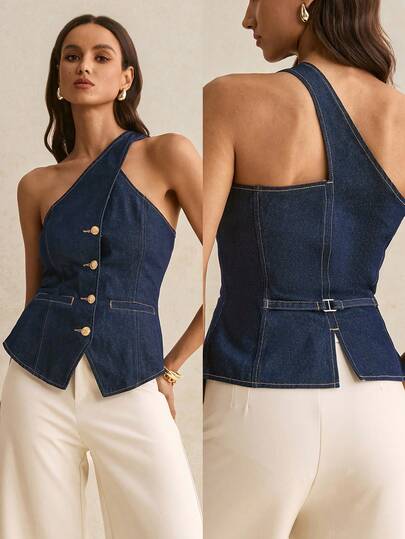 Poéselle Women's Fashionable One Shoulder Front Button Denim Blouse, Summer,Women's Y2K Denim Corset Top – One Shoulder Buckle Waistcoat Party Outfits, Halter Top  One Shoulder Button Down Clubwear,Women's Vintage Denim Bustier Top – Asymmetric Shoulder Summer Dresses,DenimCropTop, OneShoulderTop, Asymmetrical, BuckleDetails, Y2K, PartyOutfits, Clubwear, SummerOutfits, SmockedBack,Versatile Style Ideal For Party, Date & Music Festivals,Perfect Shape Waist Buckle, Comfy & Supportsive, Curvy Friendly
