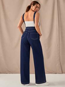 SHEIN Raw Dark Blue Washed Denim Woman's Casual Style Overall Button Detail - Dark Wash - View 4