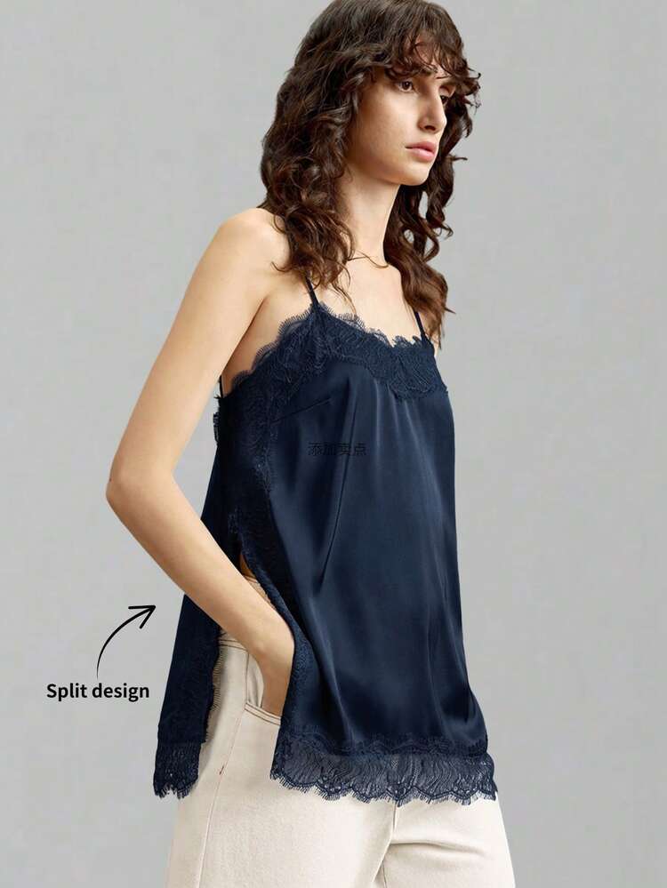Stylish Navy Blue Embroidered Long Cami Tank Top For Women Featuring A Flattering Split Design And Woven Fabric All-Season Versatile Modern Urban Fashion Business Casual Women's Wear Office Attire Understated Old-Money Style, Elegant And Sophisticated, High-Quality Commuter And Airport Women's Wear Bohemian Style Vacation Outfits Seaside Women's Clothing, Country Music Concert Style, Western Style Clothing, Nomadic Casual Fashion Boho Deep Bue
