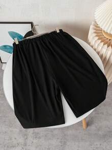 Coolqubz 1 pieza Pantalones cortos de punto casuales para niños adolescentes, tela cómoda, diseño slim fit, adecuado para ocasiones de primavera/verano - Negro - Ver 2