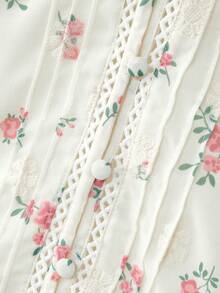 lacRébo Romantic White Blouse With Embroidered And Printed Pink Flowers, Ruffled, Cute Top Spring Summer French Style Parisian Style Flower Top Going Out Picnic Outfit Vacation Top Office Outfit - White - View 8