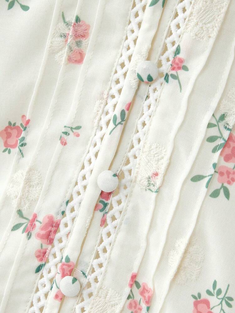 Blusa blanca romántica con flores rosas bordadas e impresas, con volantes, estilo lindo de primavera y verano con estilo francés y parisino