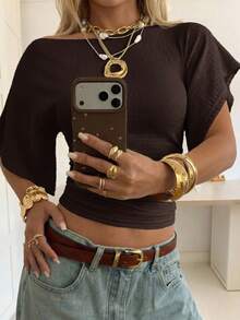 SHEIN EZwear Áo thun nữ dệt kim màu nâu sô cô la, vai lệch, ôm sát, dành cho nữ. - Màu nâu Sô-cô-la - Xem 9