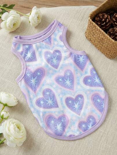 PETSIN Artist Girlcore 1pc Purple Cute Heart Star & Pet Printed Kawaii Vest, For Holiday, Love Valentine's Day