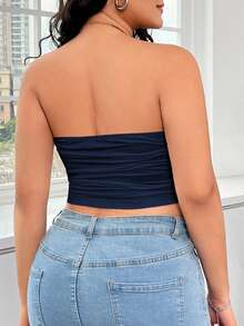 GalTyme Navy Blue Plus Size Ruffle Bandeau Top For Women - Navy Blue - View 5