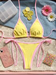 Swim Mod Women's New Solid Color Triangle Cup Bikini Set, Sexy Tie-Up Contrast Color Swimwear 2 Pieces - Yellow - View 3