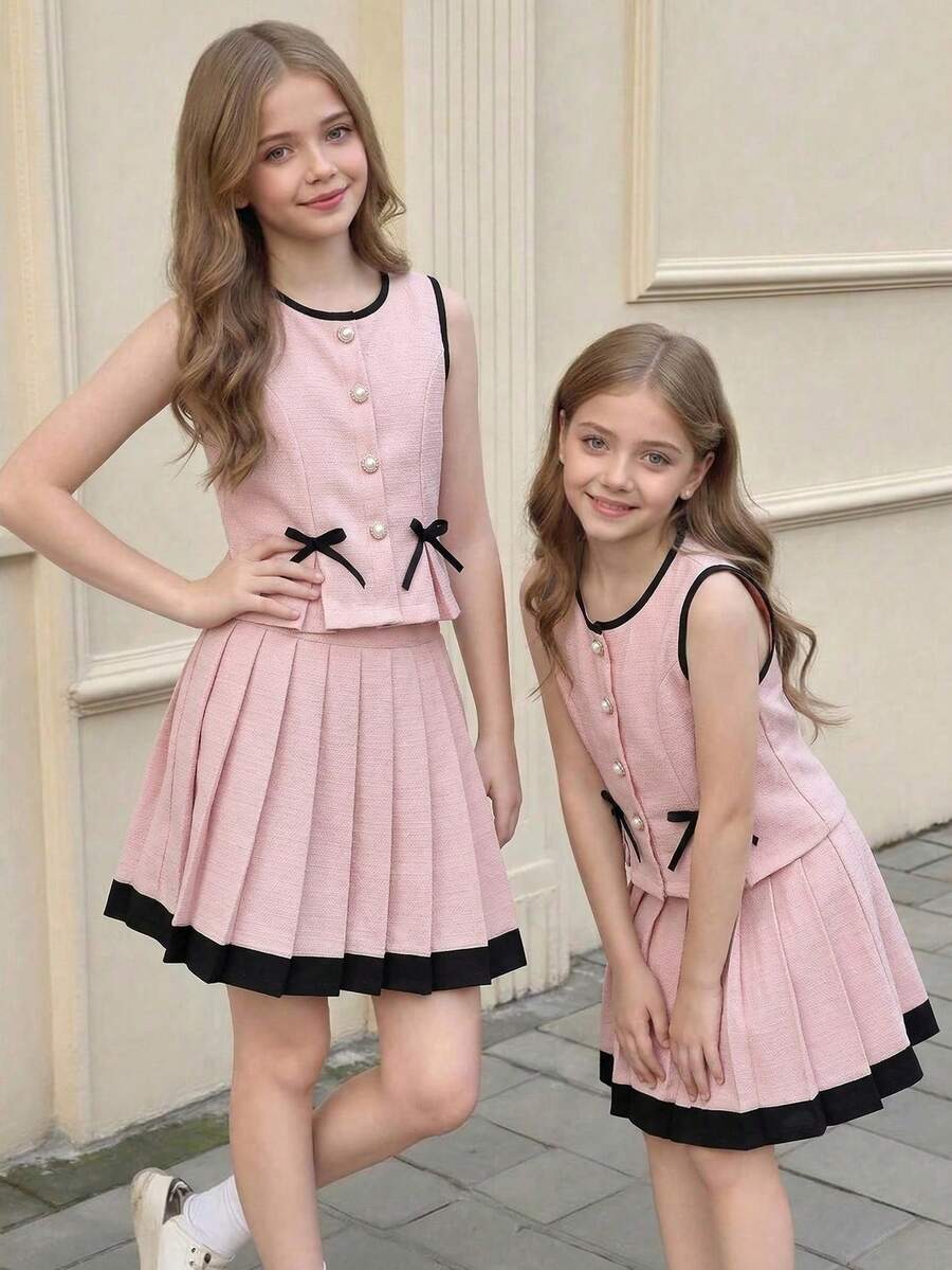 Elladie kids 2件組青少年女孩正式休閒粉色拼色聚酯纖維圓領套裝,珍珠裝飾與黑色蝴蝶結細節,生日、學校穿著 - 粉色 - 查看 1