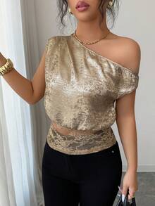 Rafferiza Blusa asimétrica, sexy y elegante de color champán metálico con cintura ceñida con encaje para mujer - Dorado - Ver 7