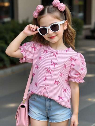 Elladie kids Girls' Woven Fabric Bow Striped Digital Print Shirt, Bow Decor Puff Sleeve Blouse, Summer Girls Top, Girls Shirt, Puff Sleeve Blouse, Elegant Girls Blouse, Cute Doll Shirt, Girls Bow Top, Suitable For Summer Daily Wear, Outings, Travel, Vacation, Party And Other Occasions