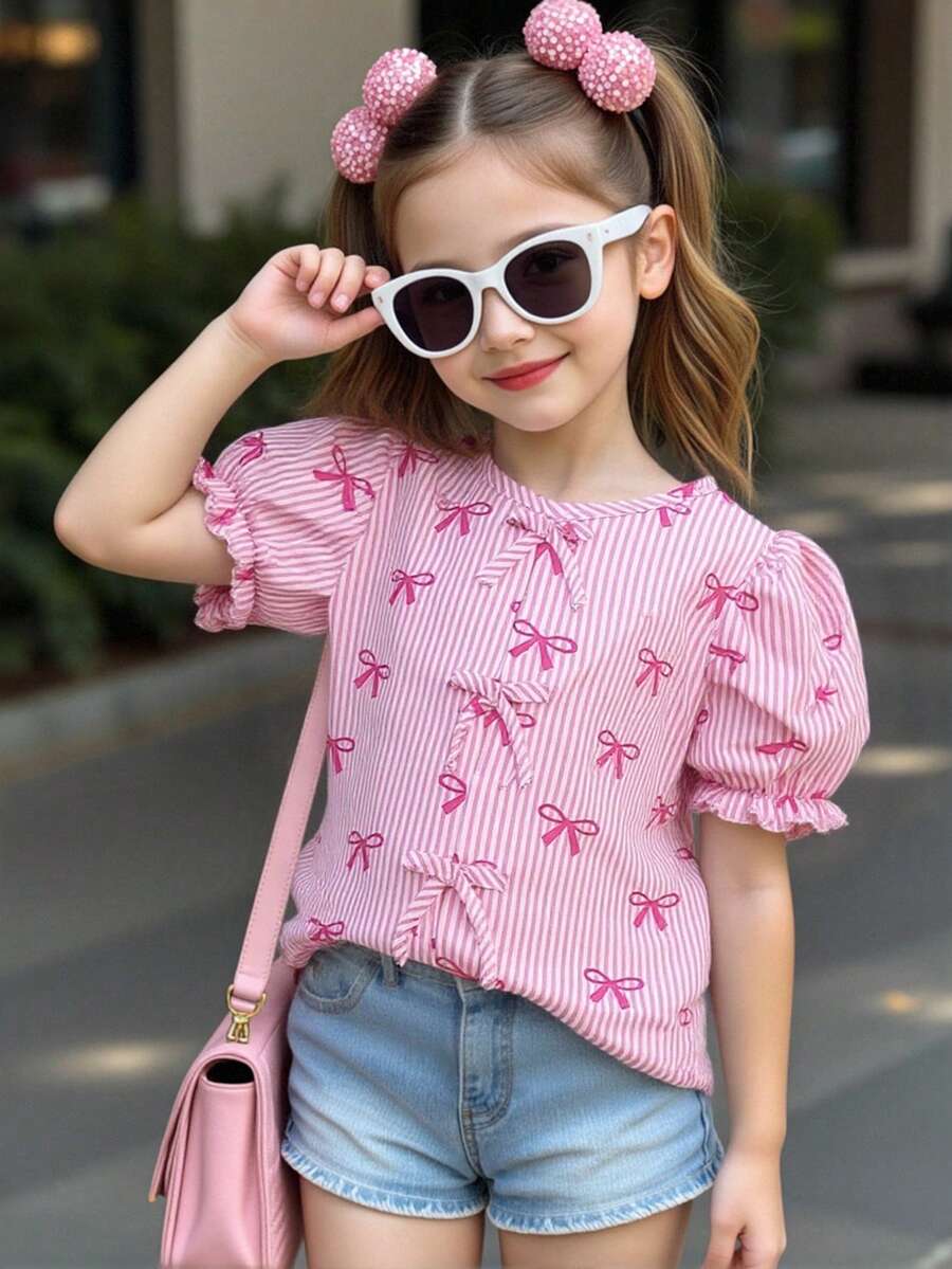 Elladie kids 女童梭织面料蝴蝶结条纹数码印花衬衫，蝴蝶结装饰泡泡袖上衣，夏季女童上衣，女童衬衫，泡泡袖上衣，优雅女童衬衫，可爱娃娃衫，女童蝴蝶结上衣，适合夏季日常穿着、外出、旅行、度假、派对等场合。 - 粉色 - 查看 1