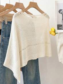 SHEIN Franclia Nouveaux hauts d'été pour femmes, tenues de vacances pour femmes, tenues de vacances pour femmes, Top poncho en tricot ajouré blanc pour femmes - encolure bateau, ourlet asymétrique, rayures horizontales et détails d'œillets, charme bohème côtier et style de superposition décontracté - Nude - Voir 2
