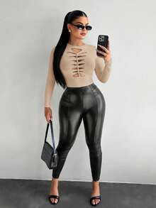 SHEIN SXY 时尚性感纯色镂空长袖T恤 - 卡其色 - 查看 4