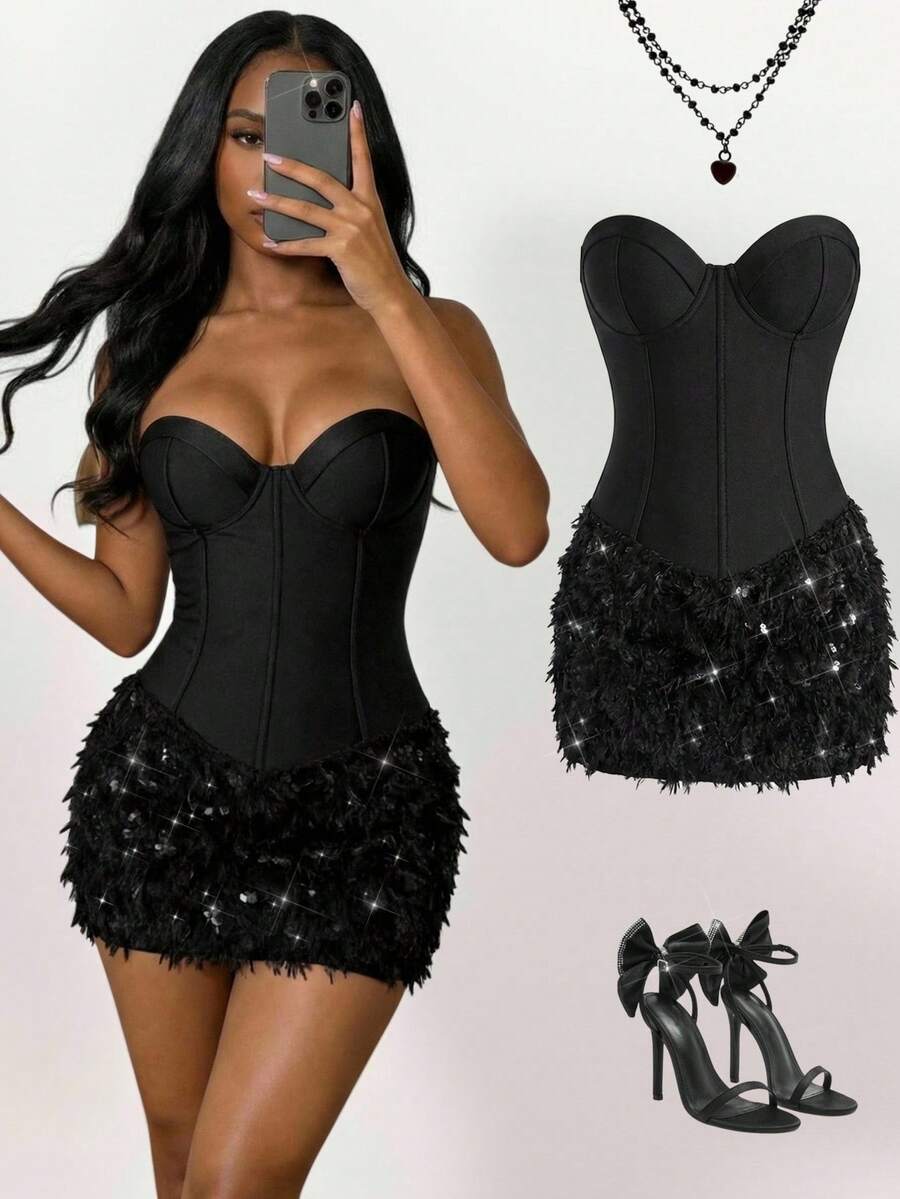 SHEIN PETITE 女士纯色抹胸拼接仿毛皮下摆修身时尚迷你连衣裙，女士派对礼服，女士圣诞派对礼服