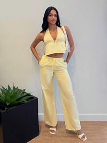 2 件女式蓝白条纹套装：棉质深 V 领露背吊带上衣和高腰抽绳阔腿裤，时尚休闲度假日常装，春夏 - 黃色 - 查看 4