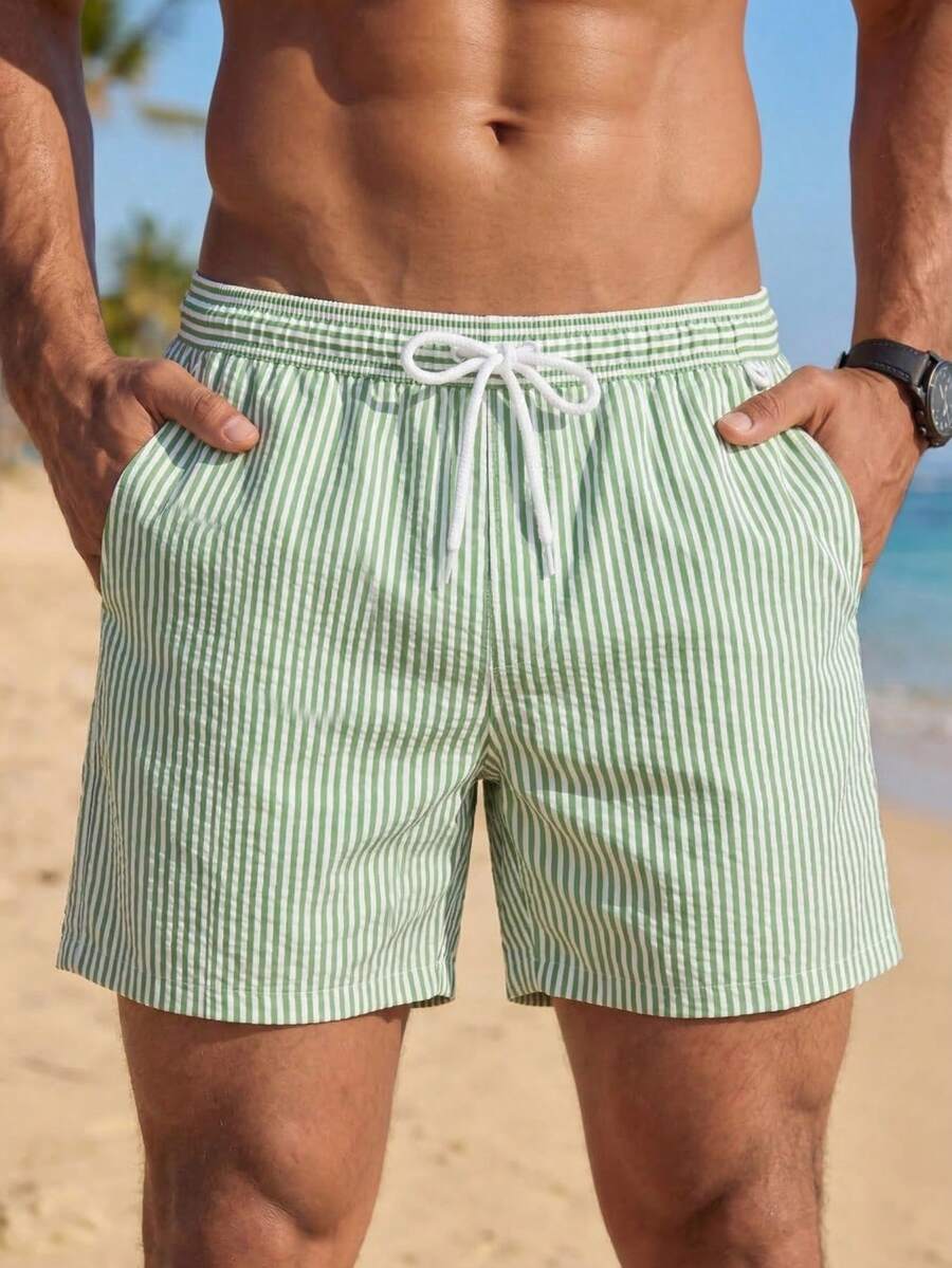 VIVINTIMO Men Vertical Striped Drawstring Waist Swim Trunks - Multicolor - View 1