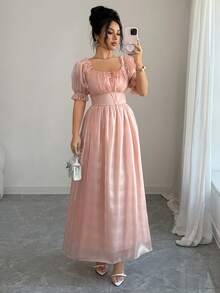 Selianne Women's Dusty Pink Summer Elegant Wedding Ninang Dress,Square Neck Tie Front Ruffle Hem Puff Sleeve Waist Fit Flare Elegant Fashion Retro High-End - Coral Pink - View 4