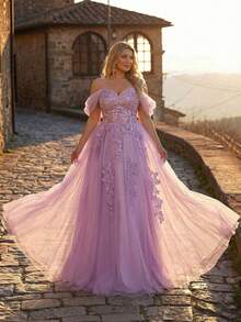 Aureia 大码优雅奢华紫色亮片刺绣网纱露肩泡泡袖贴花设计舞会礼服，适合晚宴、单身派对、约会、舞会、婚礼、度假正式场合（重工刺绣） - 紫色 - 查看 8