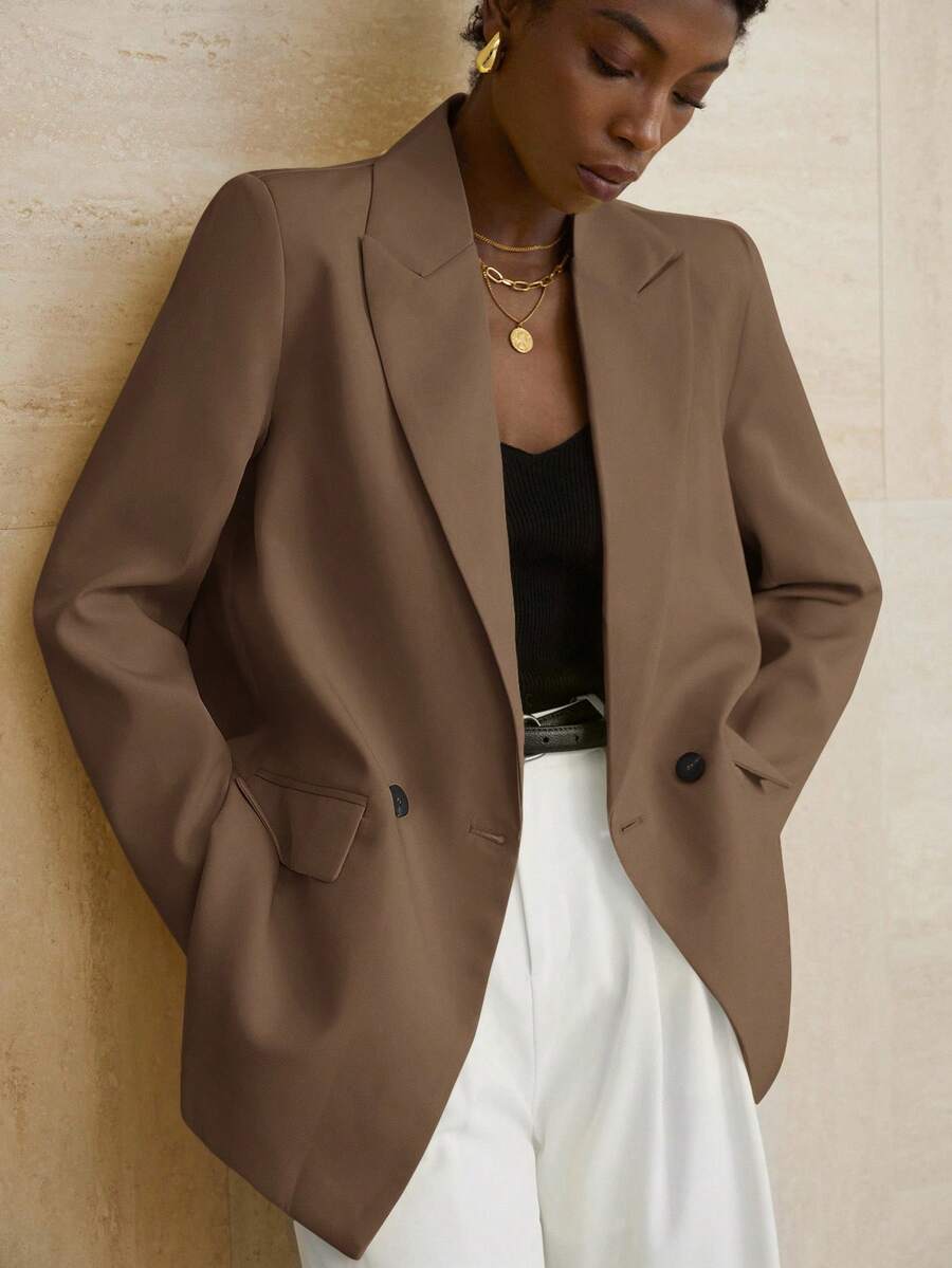 Aveloria Modichic Women's Business Style Solid Color Double-Breasted Blazer Jacket For Commuting, Autumn  - Coffee Brown - View 1