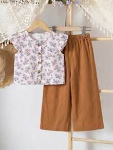SHEIN Baby Girl Vacation Casual Ditsy Floral Tank Top And Pants Set - Brown - View 1