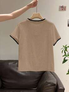 Resyla Áo thun ngắn tay cổ tròn phối màu tương phản dành cho nữ cỡ lớn, thích hợp mặc hàng ngày. - Nhiều màu - Xem 2