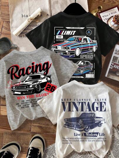 3pcs/Set Boys' Casual Fashionable Vintage Car Graphic Loose Fit Crew Neck Short Sleeve T-Shirts, Comfortable Summer Outfit