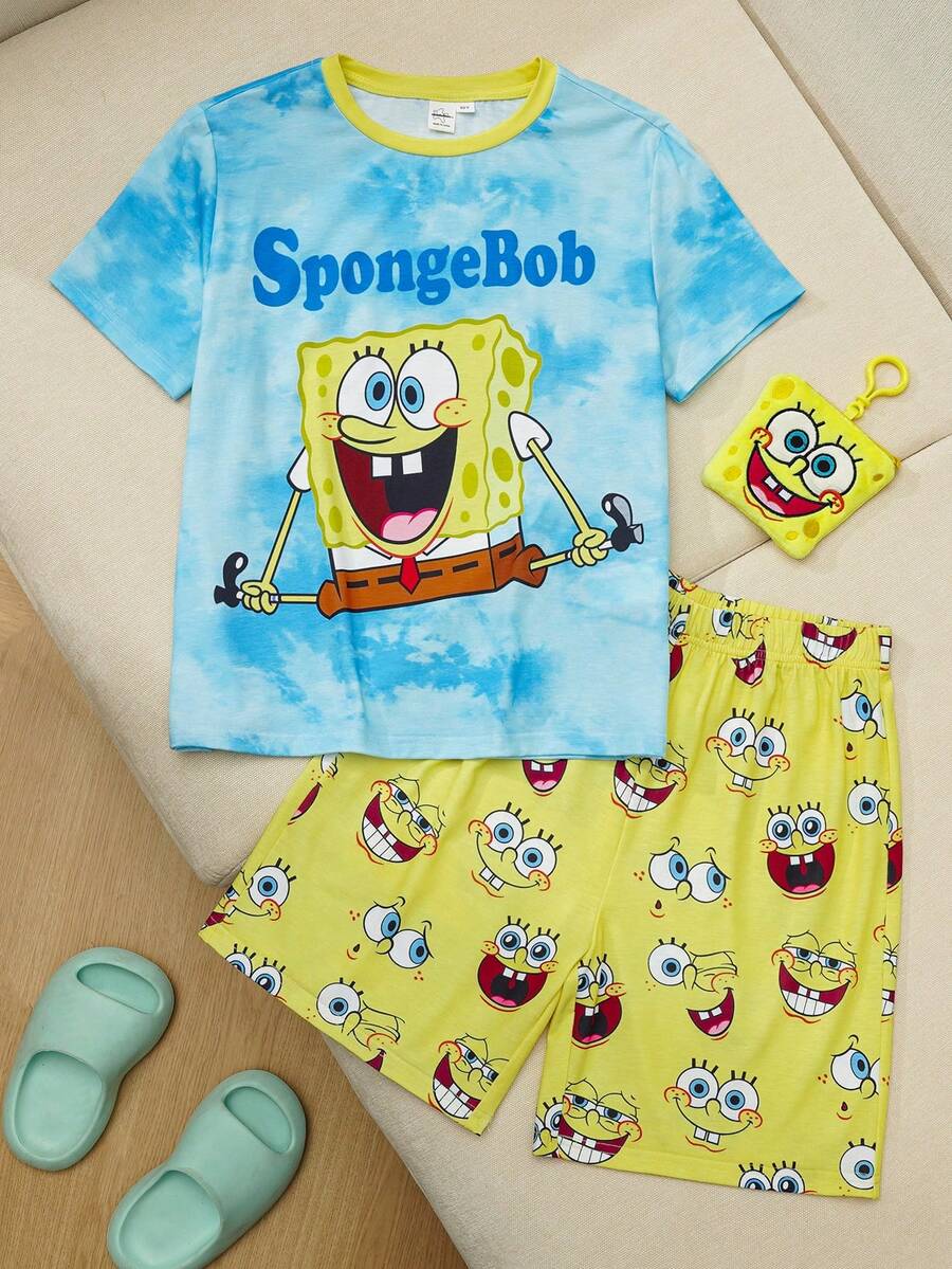 SpongeBob SquarePants | SHEIN 男童卡通印花圆领短袖上衣和短裤休闲家居服睡衣套装 - 藍色 - 查看 1
