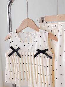 SHEIN Genkimix Kids Toddler Girls' Polka Dot Bow Decor Pleated Sleeveless Top & Loose Straight Leg Pants Set,Fashionable Minimalist Casual Outfit For Summer - Apricot - View 3