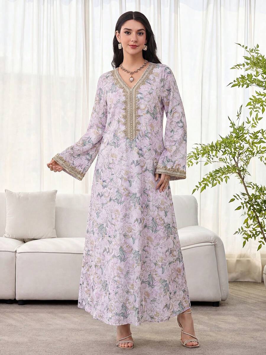 Al Najma 女士花卉印花钩编拼接长袖连衣裙，优雅端庄的A字型卡夫坦长袍，适合晚宴/婚礼宾客/周年纪念/日常穿着 - 淡紫色 - 查看 1