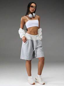 Normani Quần short nữ dáng rộng, thoải mái, có dây rút ở eo, phối màu tương phản. - Xám - Xem 8